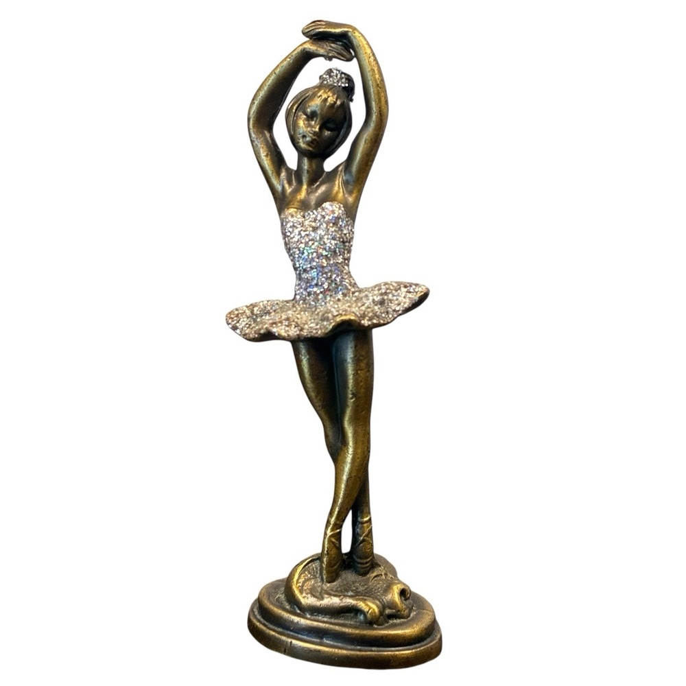 Vintage Ballerina Glitter Figurine Cast Metal Brass Tone Finish Ballet Dancer 5"